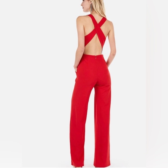 Express Cross Back Wide Leg Red Jumpsuit in Red - Picture 2 of 2